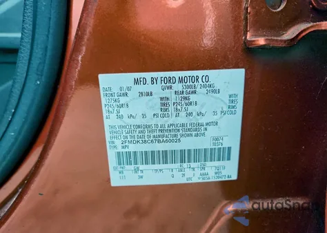 2007 Ford Edge Sel from USA, damaged, VIN 2FMDK38C67BA60025